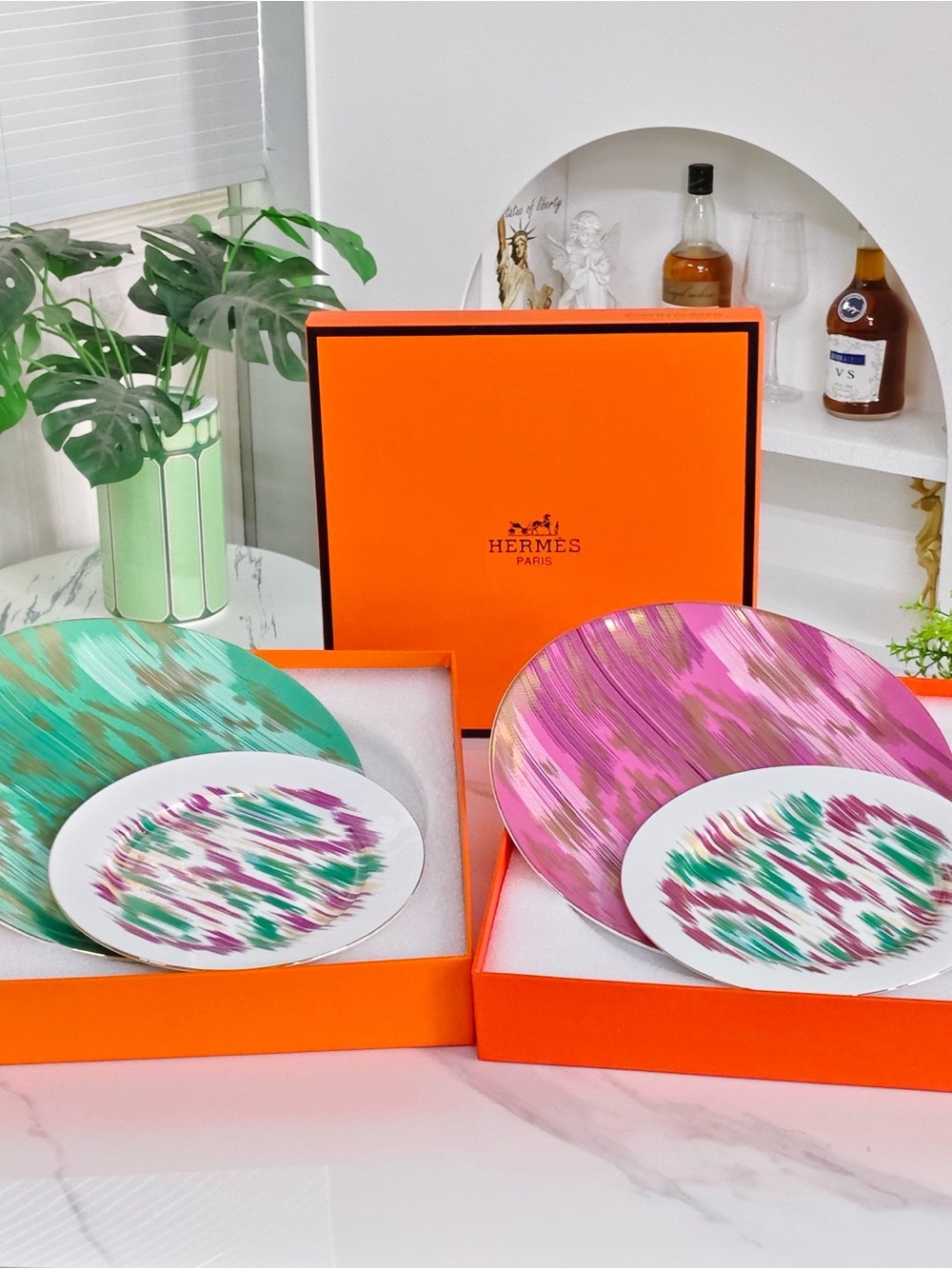 Hermes Porcelain Dinner Plates in Teal, Pink & White with Signature Orange Box